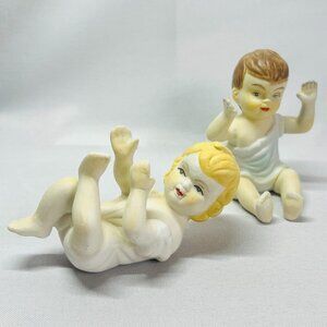Piano Babies Vintage Figurines Kewpie Bisque Porcelain Dolls Girl Boy Lot of 2
